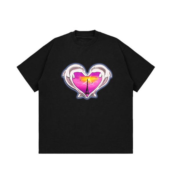 画像1: Unisex Dolphin heart and Eiffel Tower print t-shirt　 男女兼用 ユニセックスイルカハート＆エッフェル塔プリントTシャツ (1)