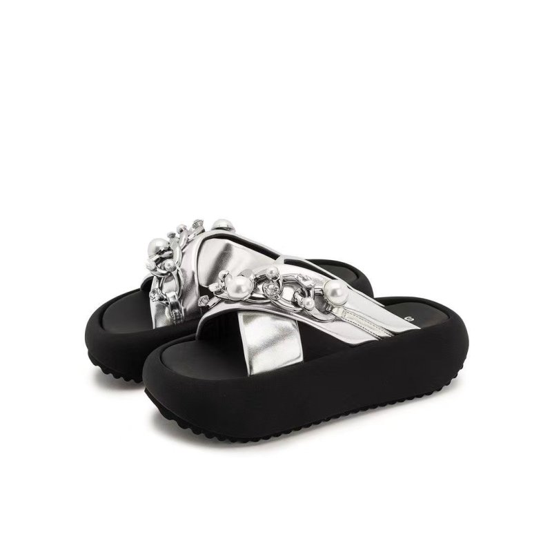 画像2: Pearl & Chain Soft Sole Platform Sandals Slippers　 パール＆チェーンソフトソール厚底クロスサンダルスリッパ (2)