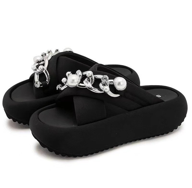 画像1: Pearl & Chain Soft Sole Platform Sandals Slippers　 パール＆チェーンソフトソール厚底クロスサンダルスリッパ (1)
