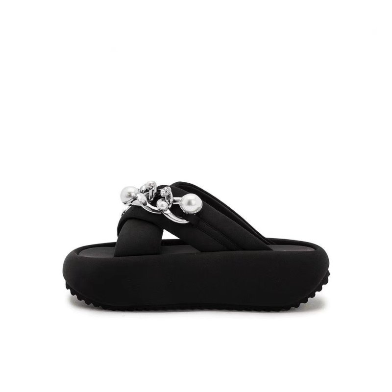 画像3: Pearl & Chain Soft Sole Platform Sandals Slippers　 パール＆チェーンソフトソール厚底クロスサンダルスリッパ (3)