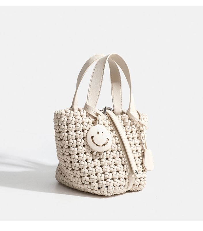 画像3: Mesh Woven Leather Tote Shoulder Crossbody Bag with Smile Charm ユニセックスメッシュ編み込みレザートートスマイルチャーム付きショルダークロスボディバッグ (3)