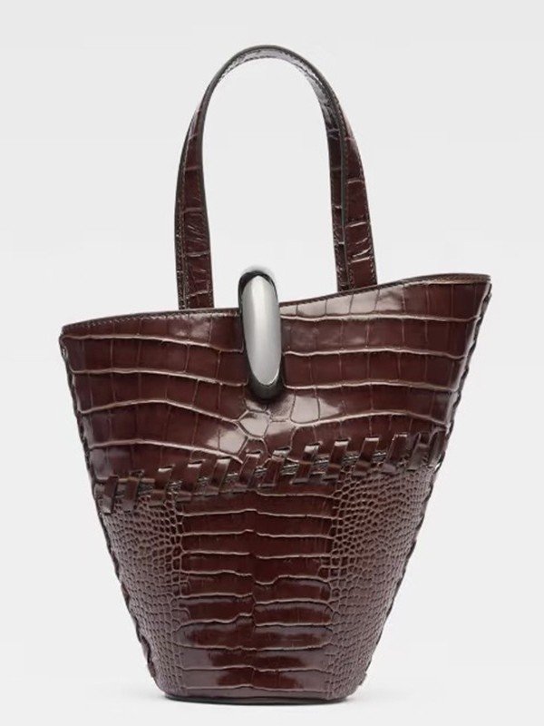 画像6: Retro French leather crocodile pattern basket-shaped small tote shoulder bag  ユニセックスレトロ フレンチ レザークロコダイルバスケットスモールトート ショルダーバッグ (6)