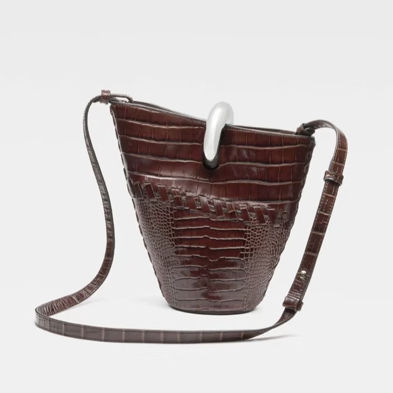 画像3: Retro French leather crocodile pattern basket-shaped small tote shoulder bag  ユニセックスレトロ フレンチ レザークロコダイルバスケットスモールトート ショルダーバッグ (3)