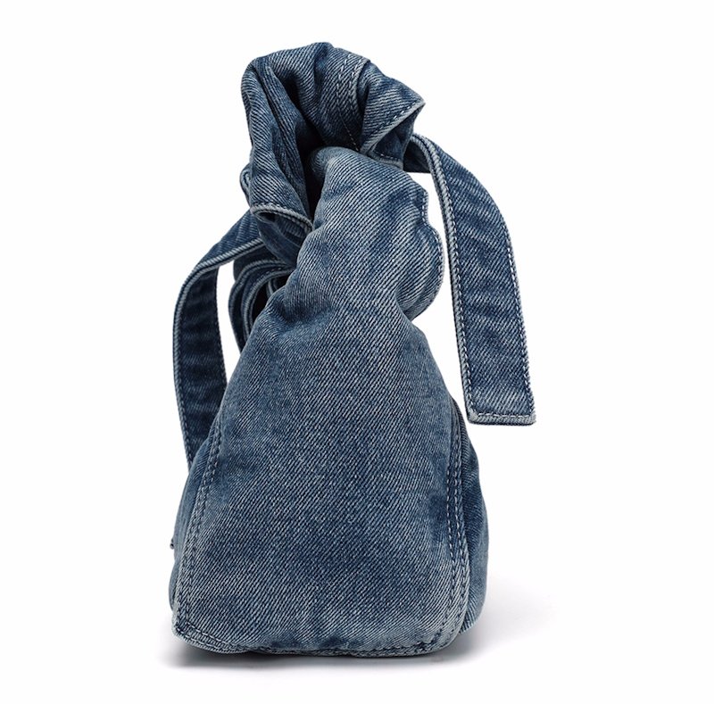 画像8: Ribbon Bow Handle Denim Sack Bag リボンボウハンドルデニムサックアンダーアームトートショルダーバッグ (8)