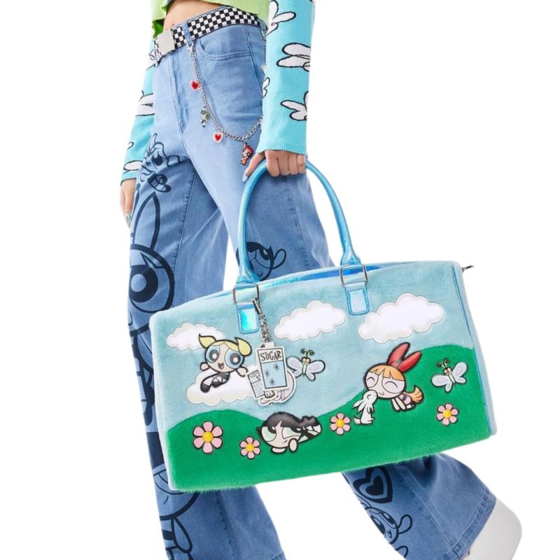 画像2: The Powerpuff Girls bag Fuzzy Weekender Boston Bag  パワーパフガールズ キャリーバッグ フェイクファーぬいぐるみ ボストン ショルダーバッグ (2)