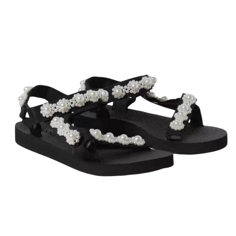 画像1: Women Platform flat Velcro pearl sandals   フラットフラワーパールベルクロ サンダル (1)