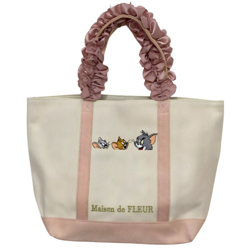 画像1: Tom and Jerry embroidered canvas tote bag with ruffled handles　ユニセックス男女兼用トムとジェリー刺繍＆ハンドルフリル キャンバス通勤通学ショッピング (1)