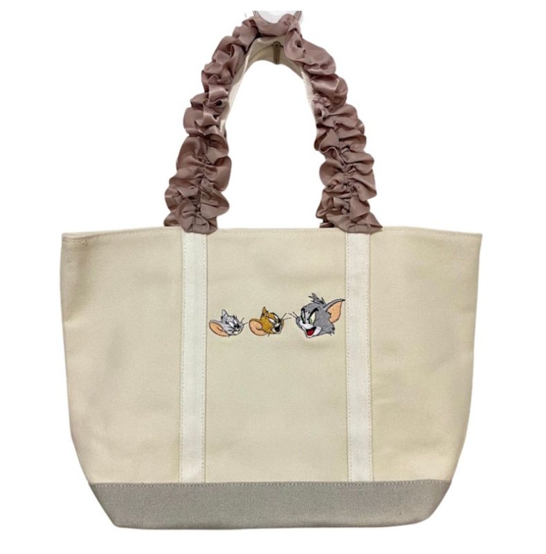 画像2: Tom and Jerry embroidered canvas tote bag with ruffled handles　ユニセックス男女兼用トムとジェリー刺繍＆ハンドルフリル キャンバス通勤通学ショッピング (2)