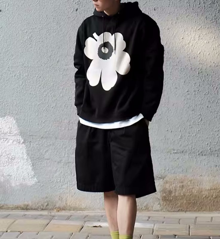 画像6: Asymmetrical Flower Print Hoodie Sweatshirt ユニセックス男女兼用 変形フラワープリントスウェットパーカー トレーナー  (6)