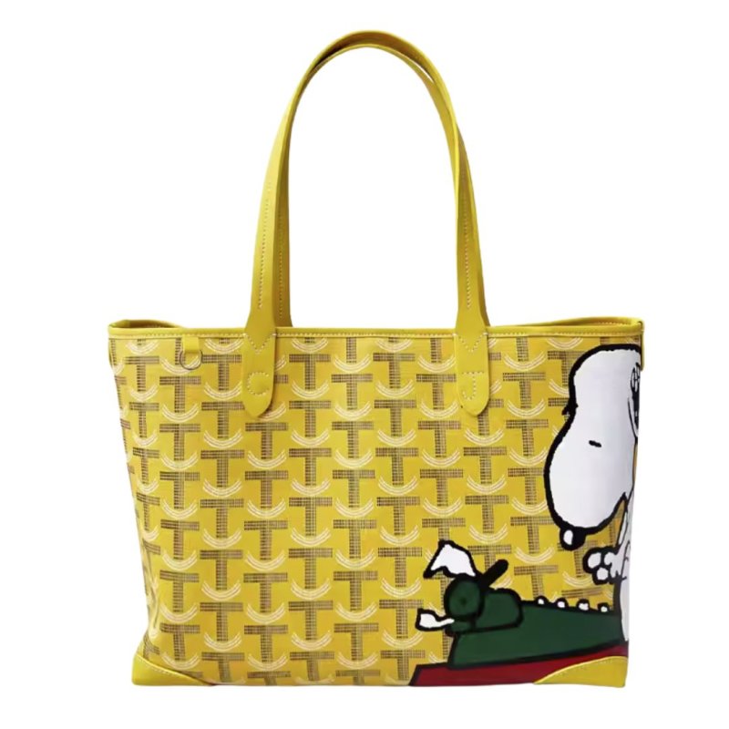 画像1: Leather Snoopy graffiti painting herringbone shopping Tote Bag  レザー スヌーピー ペイント トートバッグ ヘリンボーン柄 (1)