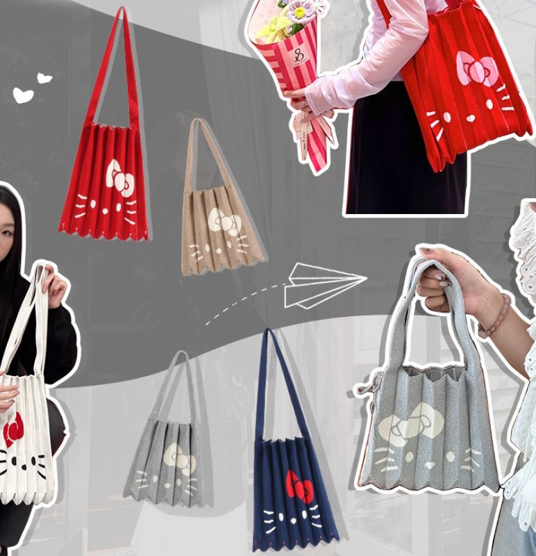 画像9: Kitty Pleated Accordion Knit Bag shopping Tote Bag   キティプリーツアコーディオンニットバッグトートバッグ (9)