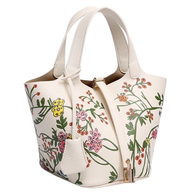 画像1: Real leather Flower graphic painted bucket tote bag 　フラワーグラフィックペイントレザーピコタンバケットバッグ トートバッグ (1)