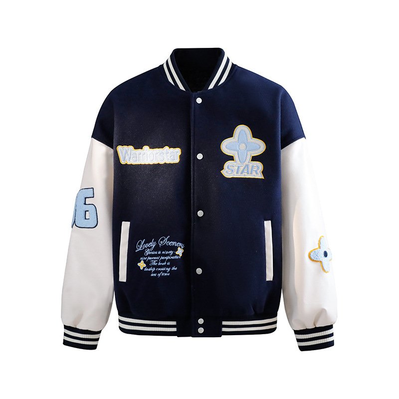 画像1: Unisex  Flower American Classic Sleeve Leather Baseball Stadium Jacket  ユニセックス 男女兼用 フラワーアメリカンクラシック袖レザー スタジャン スタジアムジャンパー ジャケット (1)
