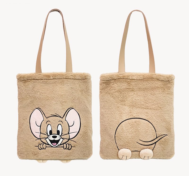 画像4: Tom and Jerry embroidered leather handle fluffy fur tote shoulder bag　トムとジェリー刺繍レザーハンドルモコモコファートートショッピングバッグ (4)