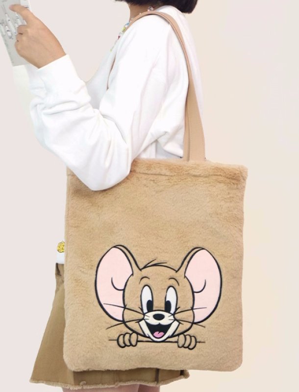 画像3: Tom and Jerry embroidered leather handle fluffy fur tote shoulder bag　トムとジェリー刺繍レザーハンドルモコモコファートートショッピングバッグ (3)