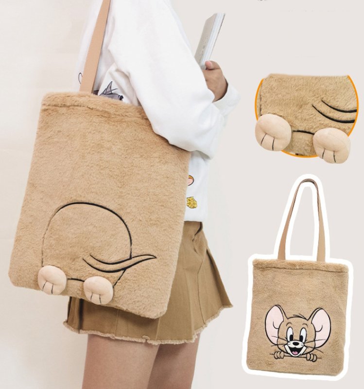 画像2: Tom and Jerry embroidered leather handle fluffy fur tote shoulder bag　トムとジェリー刺繍レザーハンドルモコモコファートートショッピングバッグ (2)
