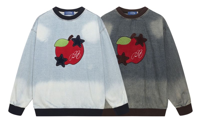 画像5: Unisex Contrast color apple embroidered washed denim round neck sweatshirt Pullover ユニセックス 男女兼用コントラストカラーのアップル刺繍ウォッシュデニムラウンドネックプルオーバ (5)