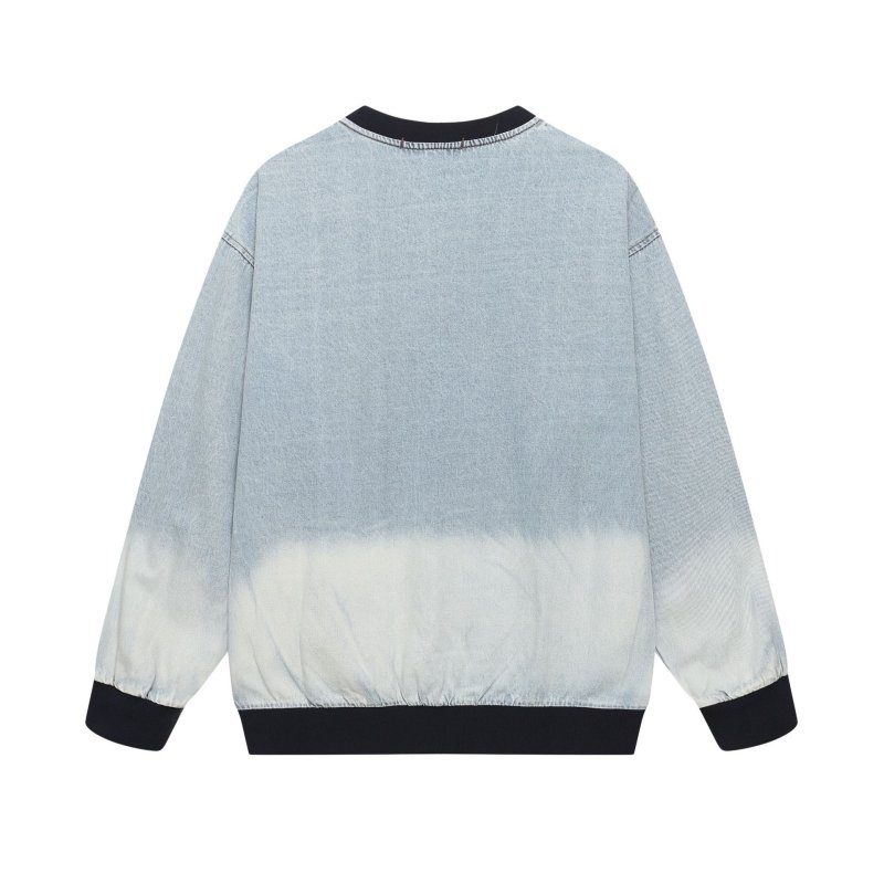 画像4: Unisex Contrast color apple embroidered washed denim round neck sweatshirt Pullover ユニセックス 男女兼用コントラストカラーのアップル刺繍ウォッシュデニムラウンドネックプルオーバ (4)