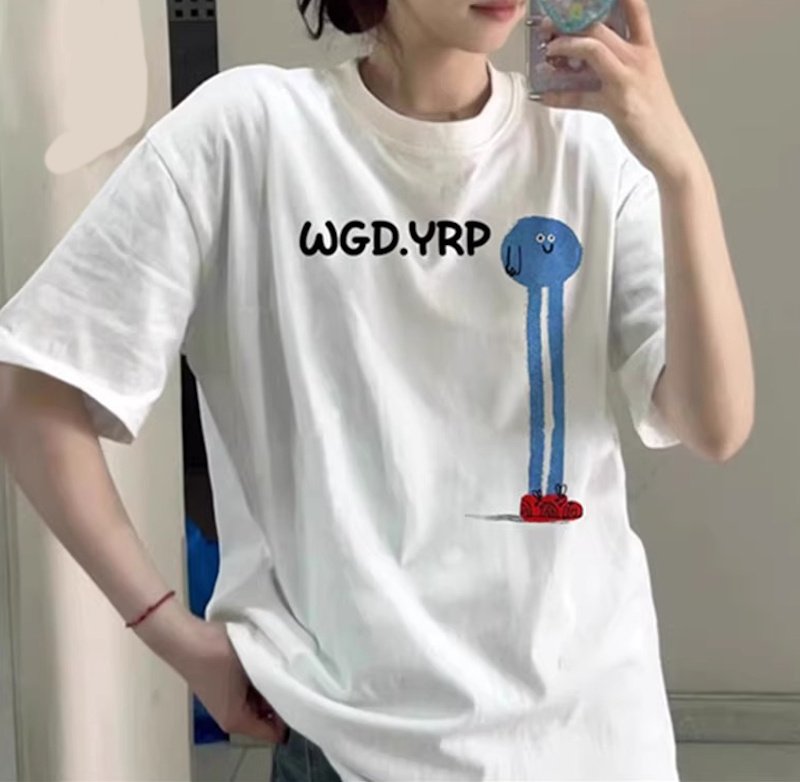 画像3: Long blue beanie Print Round Neck T-Shirt   ロング丈ブルービーニープリントラウンドネック Tシャツ ユニセックス 男女兼用  (3)