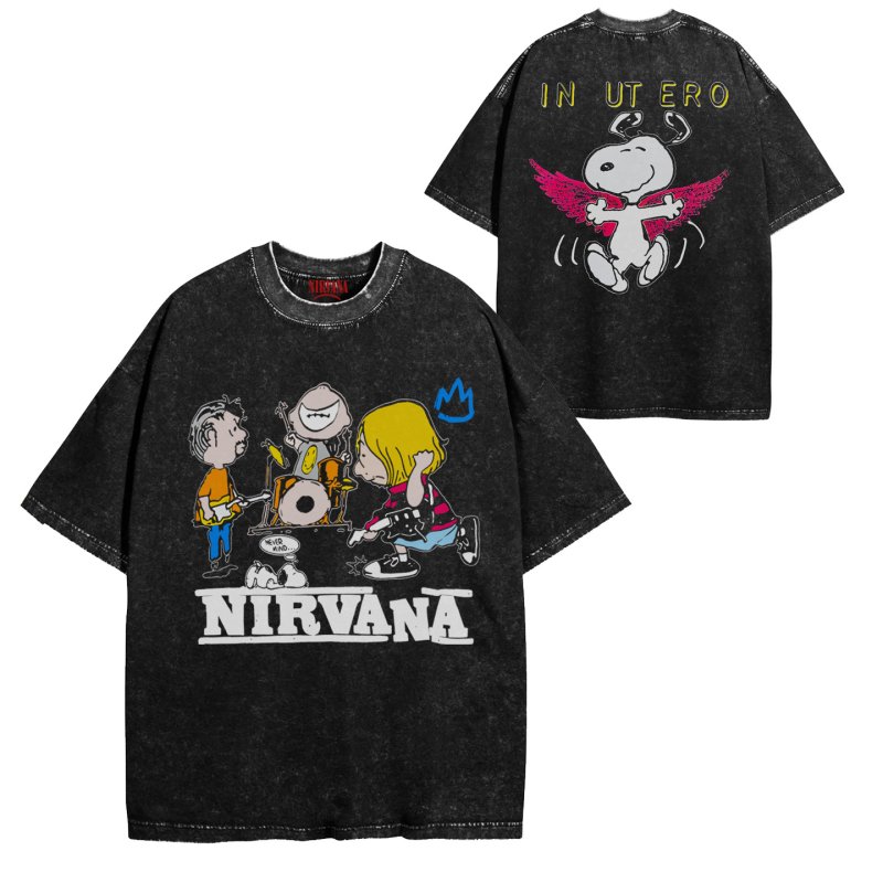 画像1: Vintage Nirvana x Snoopy Print Round Neck T-Shirt ニルヴァーナ×スヌーピー プリントラウンドネック Tシャツ ユニセックス 男女兼用 古着風 ヴィンテージ風 バンドT (1)