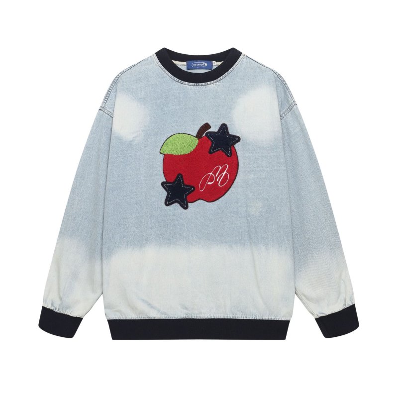画像2: Unisex Contrast color apple embroidered washed denim round neck sweatshirt Pullover ユニセックス 男女兼用コントラストカラーのアップル刺繍ウォッシュデニムラウンドネックプルオーバ (2)