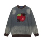 画像1: Unisex Contrast color apple embroidered washed denim round neck sweatshirt Pullover ユニセックス 男女兼用コントラストカラーのアップル刺繍ウォッシュデニムラウンドネックプルオーバ (1)