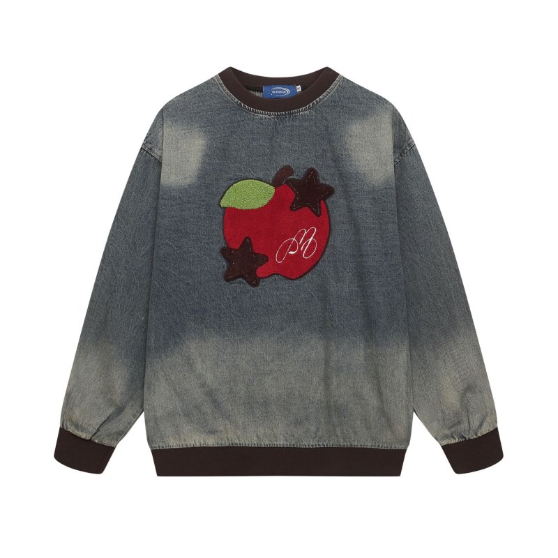 画像1: Unisex Contrast color apple embroidered washed denim round neck sweatshirt Pullover ユニセックス 男女兼用コントラストカラーのアップル刺繍ウォッシュデニムラウンドネックプルオーバ (1)