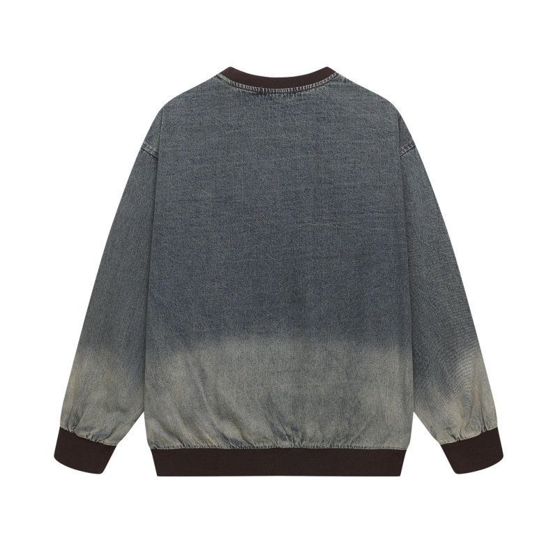 画像3: Unisex Contrast color apple embroidered washed denim round neck sweatshirt Pullover ユニセックス 男女兼用コントラストカラーのアップル刺繍ウォッシュデニムラウンドネックプルオーバ (3)