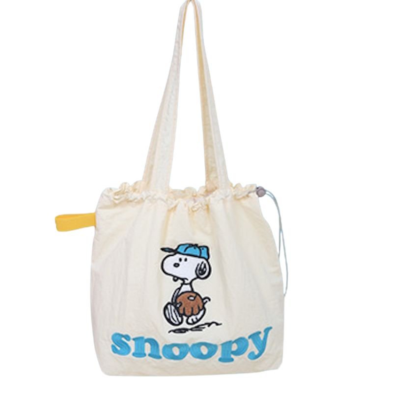 画像1: Snoopy Drawstring Tote Shoulder Shopping Bag　ユニセックス男女兼用スヌーピー刺繍巾着トートショッピング通勤通学バッグ (1)