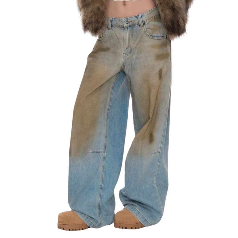 画像1: Unisex Super Baggy Fit Dirt Mud Damage Jeans Denim Pants ユニセックス 男女兼用 スーパー バギー 泥 汚れ加工 中古 ヴィンテージ 古着 ダメージ 加工 デニムパンツ ジーンズ (1)