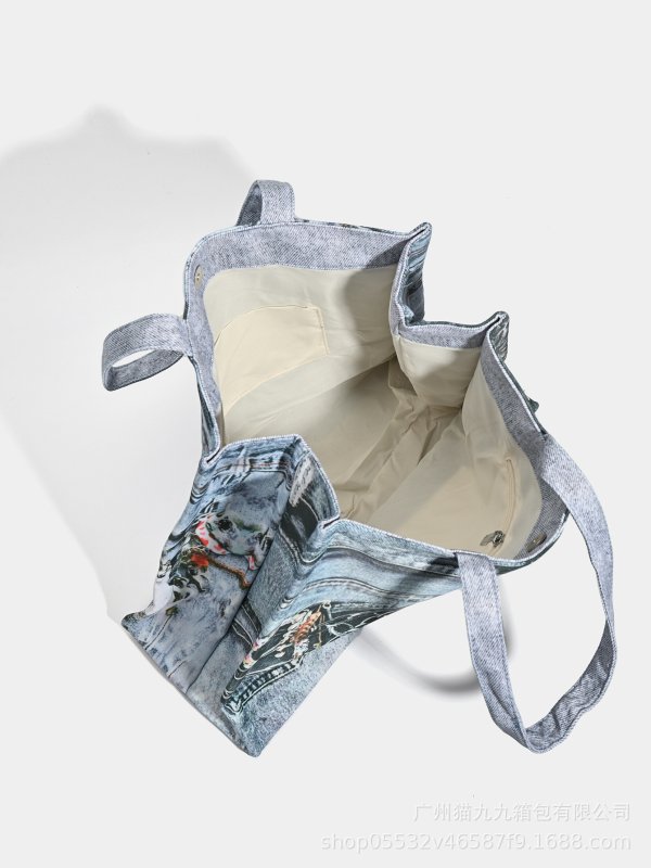 画像3: Unisex decorative chain damage paint denim one handle tote shoulder bag　ユニセックス　男女兼用　デコレイトチェーンダメージペイント  トロンプルイユプリント デニム効果 デニムトートショルダークロスボディースポーツエコバッグ (3)