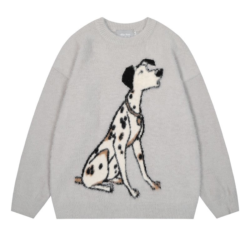 画像1: Unisex Dalmatian jacquard round neck mohair sweater pullover　ユニセックス男女兼用ダルメシアンジャカードラウンドネックモヘアセーターラウンドネック (1)
