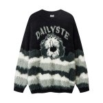 画像1: Unisex Fluffy dog ​​knit striped sweater pullover　ユニセックス男女兼用モコモコドッグ編み込み ボーダーラウンドネックセーター (1)