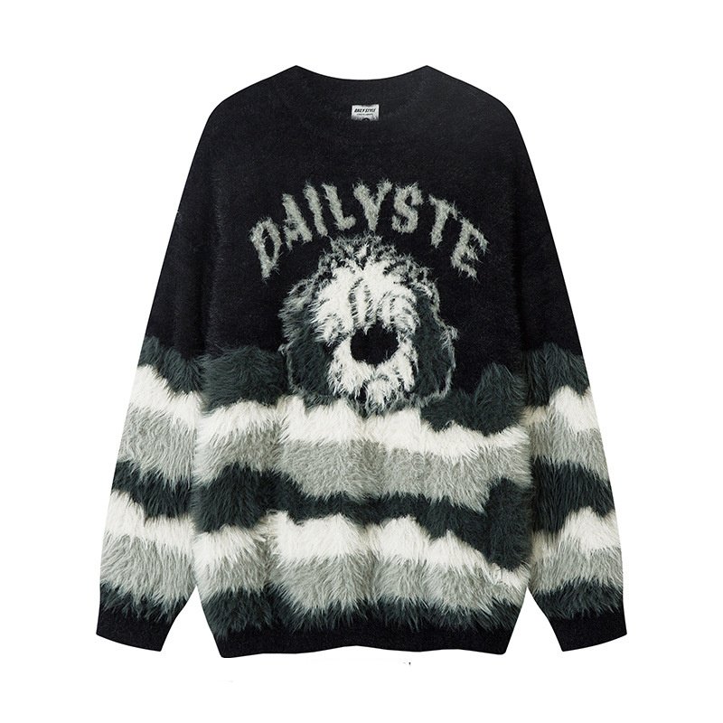 画像1: Unisex Fluffy dog ​​knit striped sweater pullover　ユニセックス男女兼用モコモコドッグ編み込み ボーダーラウンドネックセーター (1)
