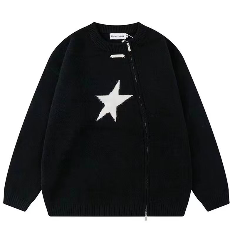 画像2: Unisex Double zip-up star knit asymmetrical round neck cardigan sweater  pullover　ユニセックス男女兼用ダブルジップアップスター編み込みアンシンメトリーラウンドネックカーディガンセーター (2)