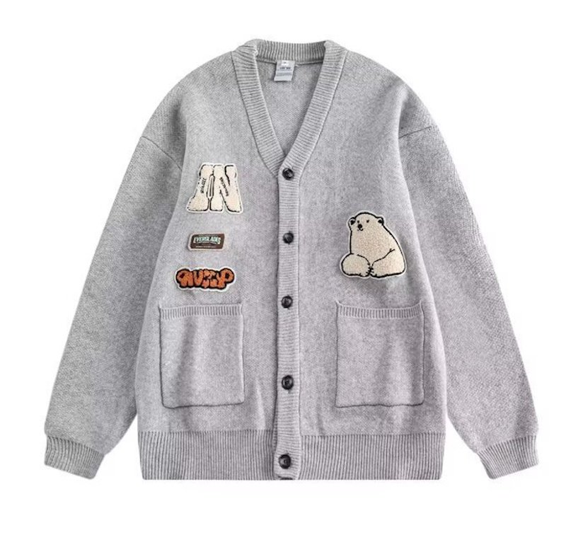 画像1: Unisex College style V-neck polar bear emblem cardigan knit　ユニセックス男女兼用カレッジスタイルVネックシロクマエンブレムカーディガンニットセーター (1)