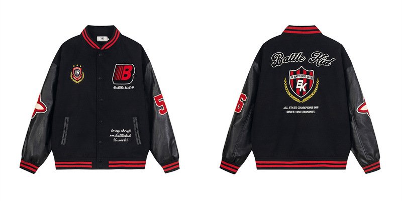 画像3: Unisex Alphabet Letter Embroidery Leather Sleeve Stadium Baseball Jacket Blouson ユニセックス 男女兼用 アルファベットレター刺繍レザースリーブスタジャン スタジアムジャンパー ジャケット (3)