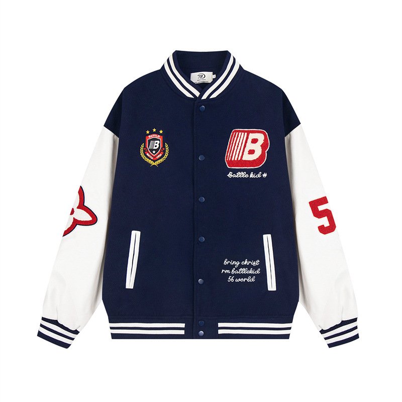 画像7: Unisex Alphabet Letter Embroidery Leather Sleeve Stadium Baseball Jacket Blouson ユニセックス 男女兼用 アルファベットレター刺繍レザースリーブスタジャン スタジアムジャンパー ジャケット (7)