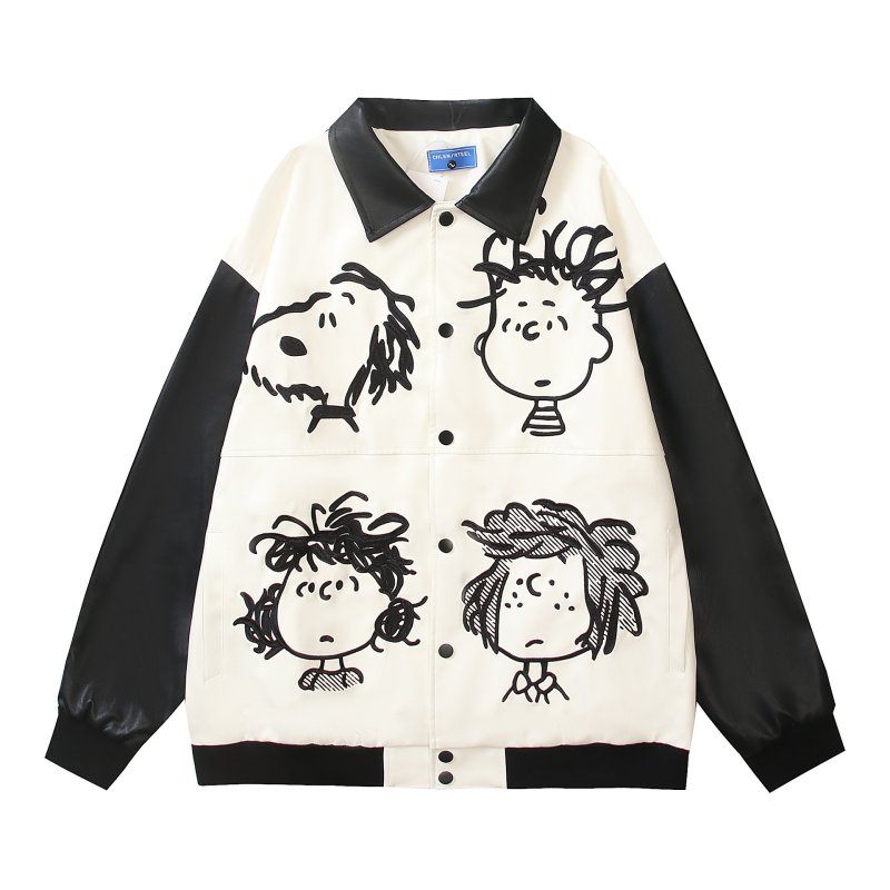 画像1: Unisex Snoopy Leather Sleeve Jacket Blouson Stadium Jumper coat  ユニセックス 男女兼用スヌーピーレザースリーブジャケットブルゾンスタジアムジャンバーブルゾンコート (1)