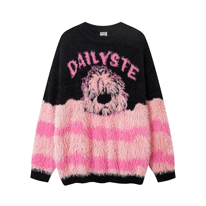 画像2: Unisex Fluffy dog ​​knit striped sweater pullover　ユニセックス男女兼用モコモコドッグ編み込み ボーダーラウンドネックセーター (2)