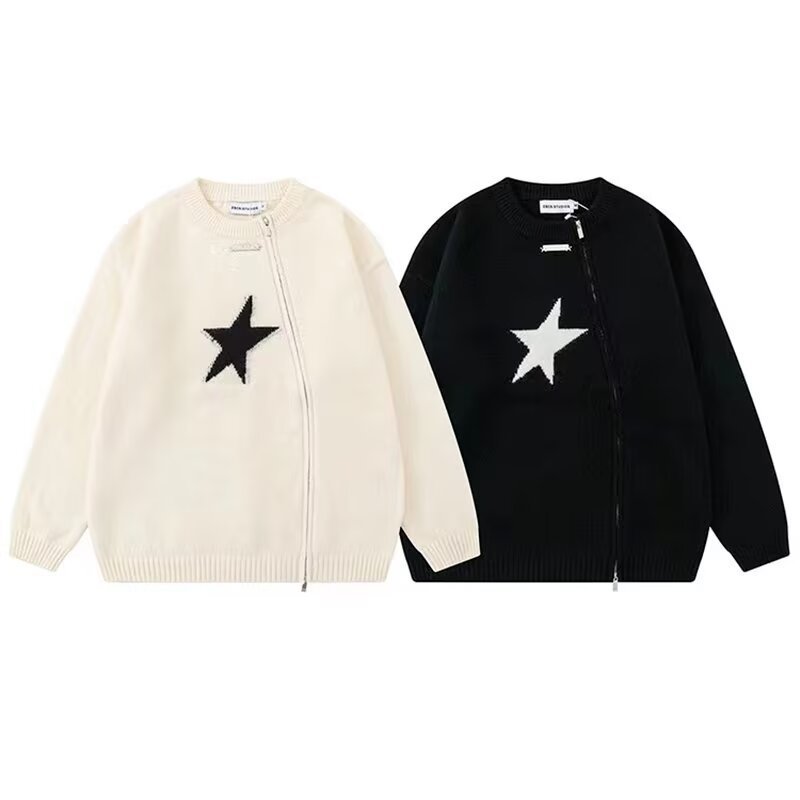 画像3: Unisex Double zip-up star knit asymmetrical round neck cardigan sweater  pullover　ユニセックス男女兼用ダブルジップアップスター編み込みアンシンメトリーラウンドネックカーディガンセーター (3)