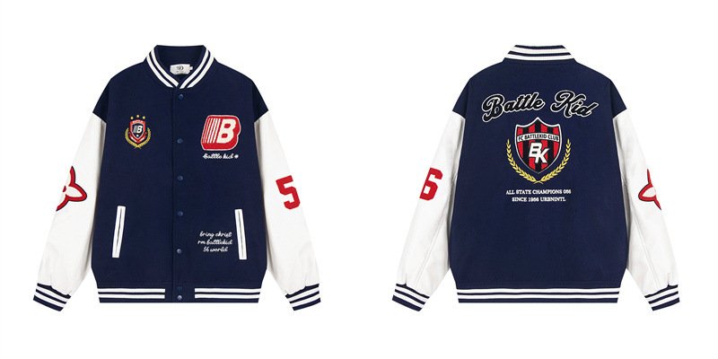 画像2: Unisex Alphabet Letter Embroidery Leather Sleeve Stadium Baseball Jacket Blouson ユニセックス 男女兼用 アルファベットレター刺繍レザースリーブスタジャン スタジアムジャンパー ジャケット (2)