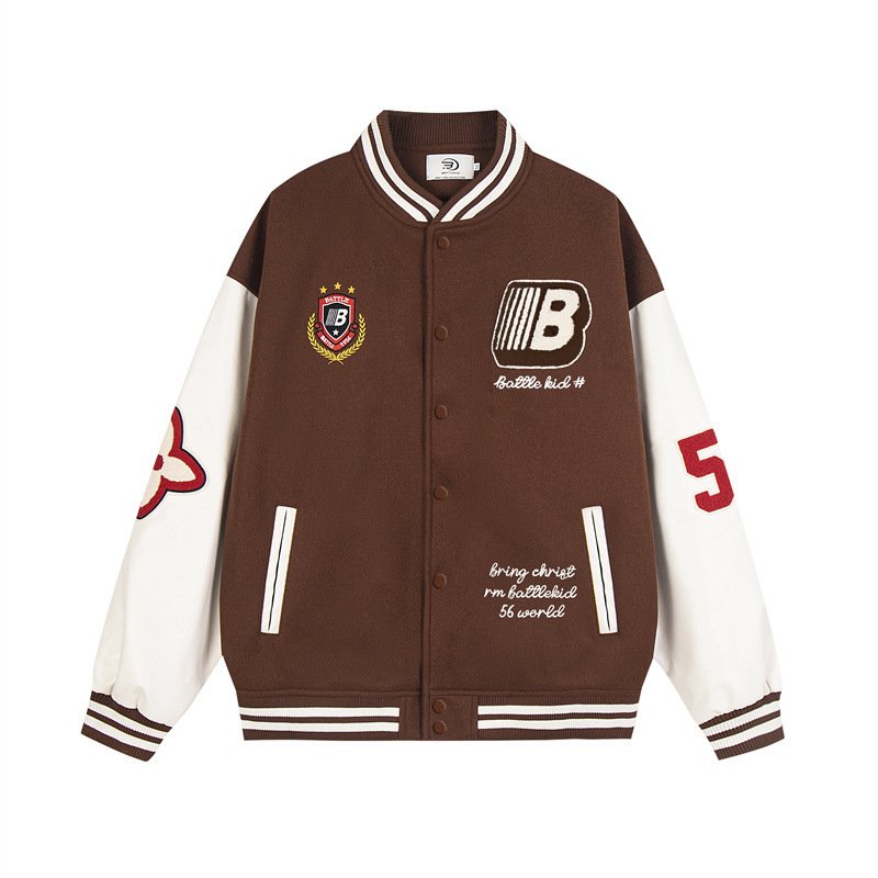 画像8: Unisex Alphabet Letter Embroidery Leather Sleeve Stadium Baseball Jacket Blouson ユニセックス 男女兼用 アルファベットレター刺繍レザースリーブスタジャン スタジアムジャンパー ジャケット (8)