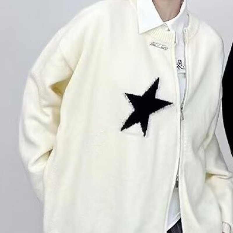 画像6: Unisex Double zip-up star knit asymmetrical round neck cardigan sweater  pullover　ユニセックス男女兼用ダブルジップアップスター編み込みアンシンメトリーラウンドネックカーディガンセーター (6)