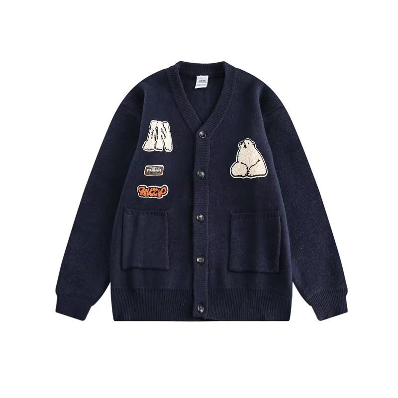 画像2: Unisex College style V-neck polar bear emblem cardigan knit　ユニセックス男女兼用カレッジスタイルVネックシロクマエンブレムカーディガンニットセーター (2)