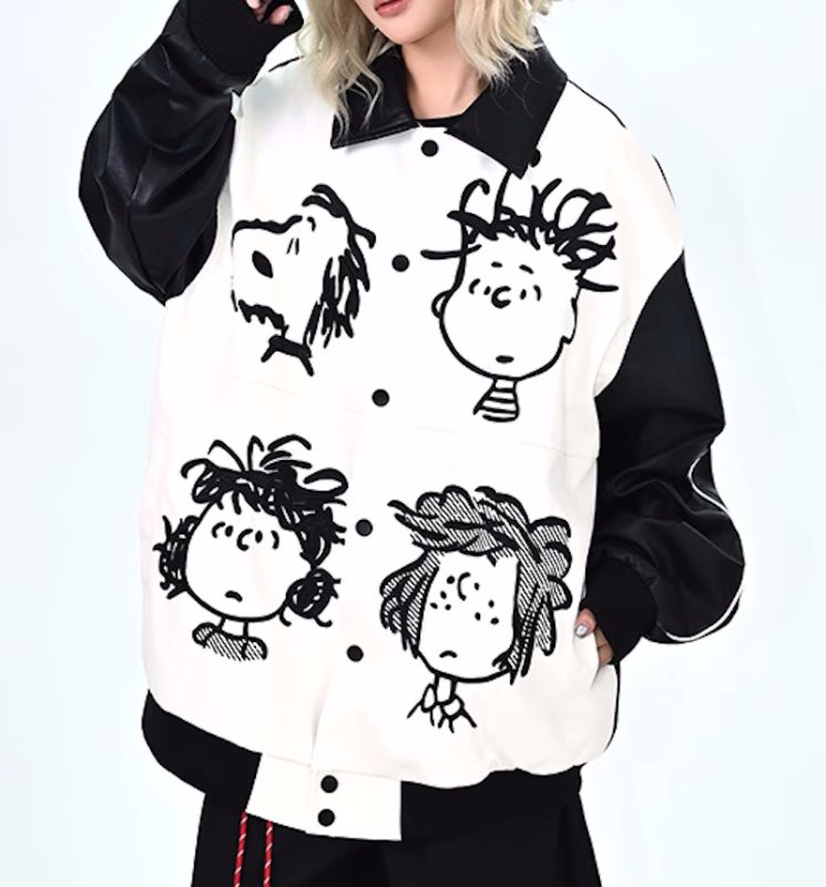 画像5: Unisex Snoopy Leather Sleeve Jacket Blouson Stadium Jumper coat  ユニセックス 男女兼用スヌーピーレザースリーブジャケットブルゾンスタジアムジャンバーブルゾンコート (5)