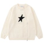 画像1: Unisex Double zip-up star knit asymmetrical round neck cardigan sweater  pullover　ユニセックス男女兼用ダブルジップアップスター編み込みアンシンメトリーラウンドネックカーディガンセーター (1)