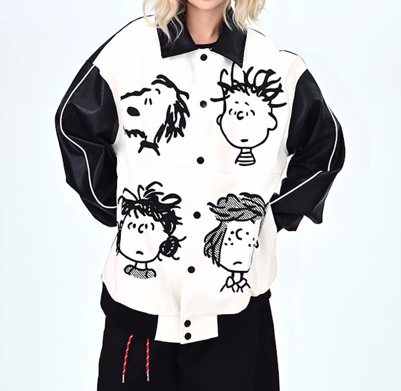 画像4: Unisex Snoopy Leather Sleeve Jacket Blouson Stadium Jumper coat  ユニセックス 男女兼用スヌーピーレザースリーブジャケットブルゾンスタジアムジャンバーブルゾンコート (4)