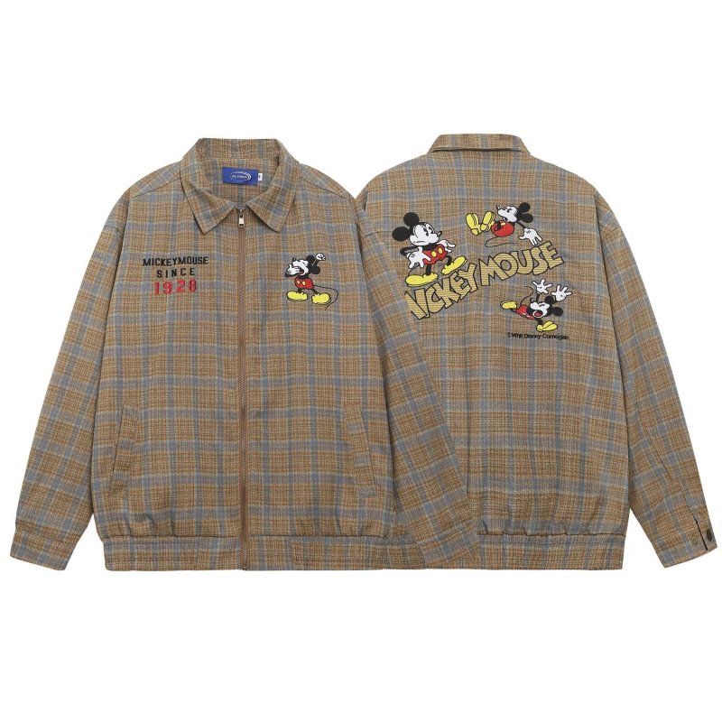 画像1: Unisex Mickey Mouse embroidered check pattern zip-up jacket/blouson coat  ユニセックス 男女兼用ミッキーマウス刺繍チェック柄ジップアップジャケットブルゾンコート (1)