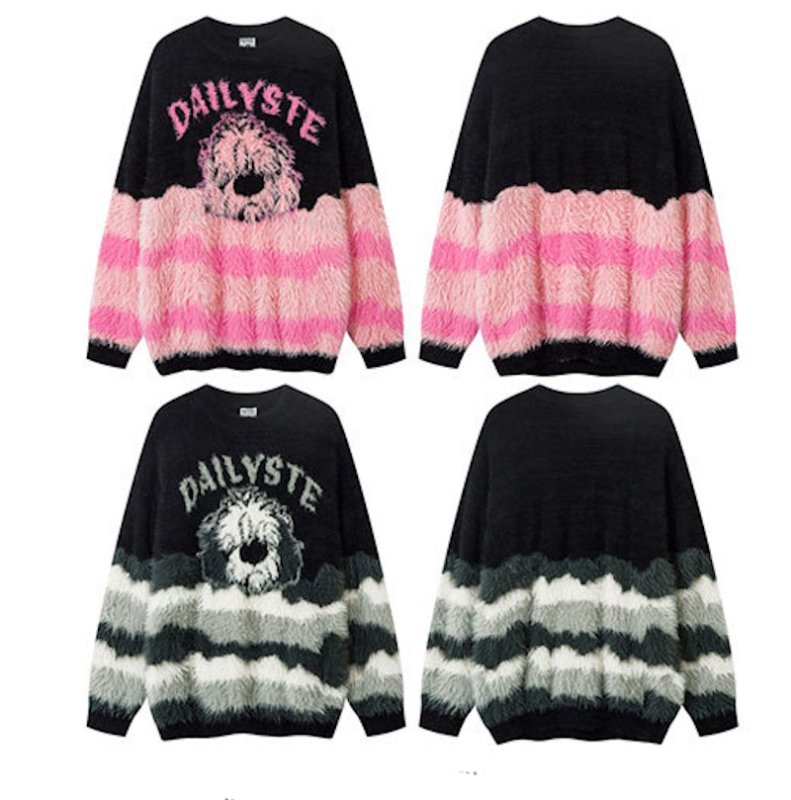 画像3: Unisex Fluffy dog ​​knit striped sweater pullover　ユニセックス男女兼用モコモコドッグ編み込み ボーダーラウンドネックセーター (3)
